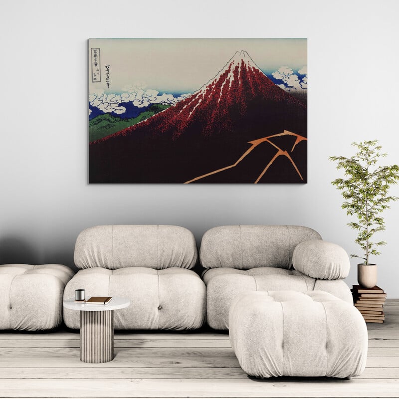 Storm Below Mount Fuji by Katsushika Hokusai wall art in a living room