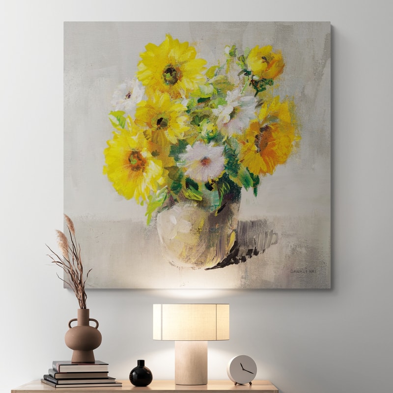 Sunflower Still Life I On Gray by Danhui Nai wall art in a hallway