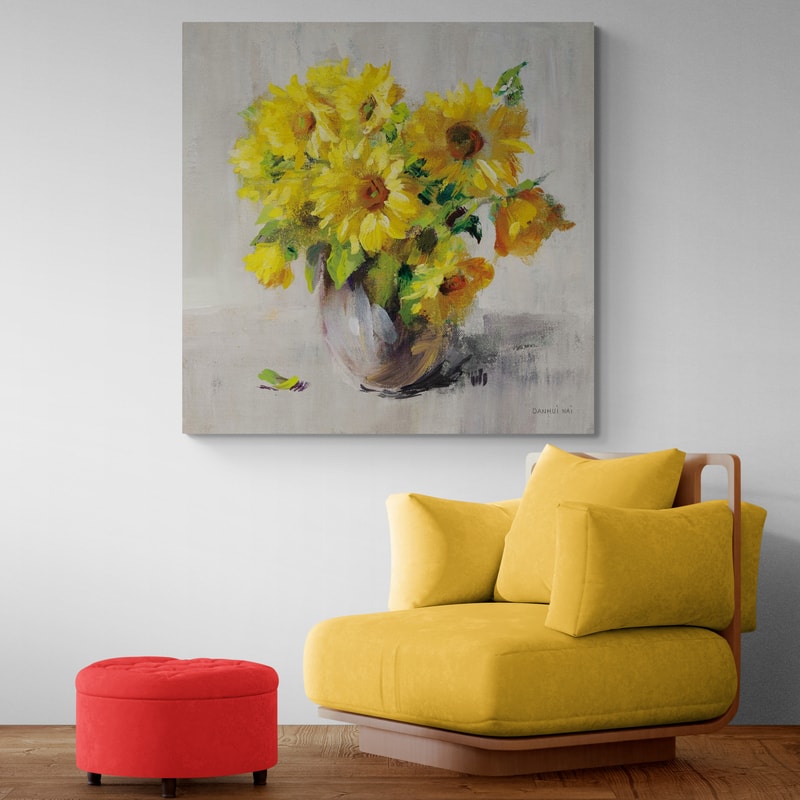 Sunflower Still Life II On Gray by Danhui Nai wall art in a living room