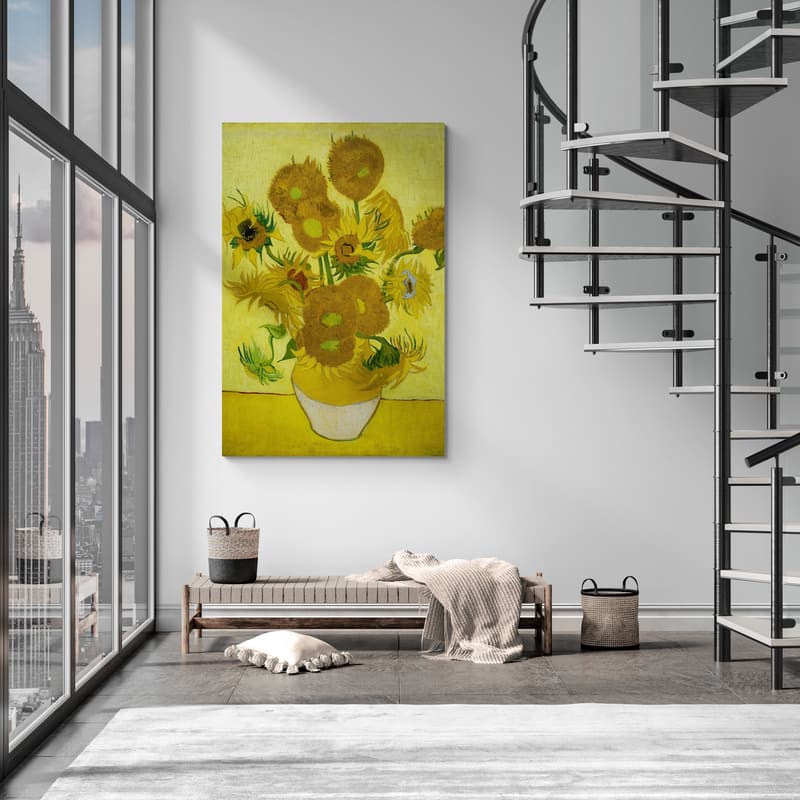 Sunflowers 1888 by Vincent Van Gogh wall art in a living room