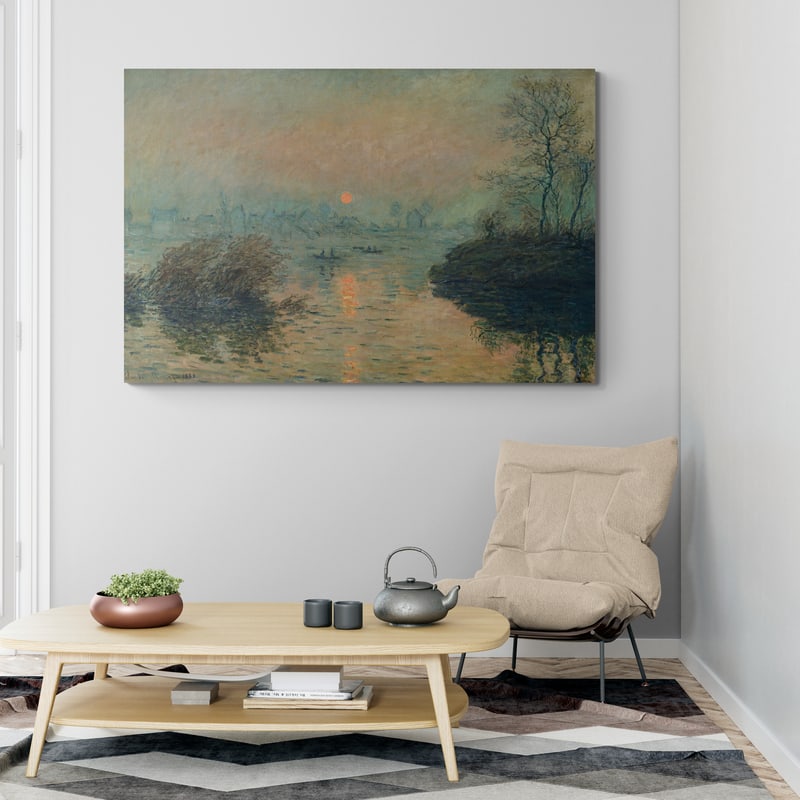 Sunset on the Seine at Lavacourt Winter Effect 1880 by Claude Monet wall art in a living room