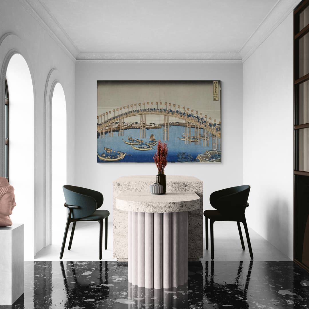 Temma Bridge Settsu Province by Katsushika Hokusai wall art in a dining room