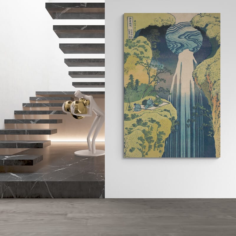 The Amida Waterfall On The Kiso Road by Katsushika Hokusai wall art in a hallway
