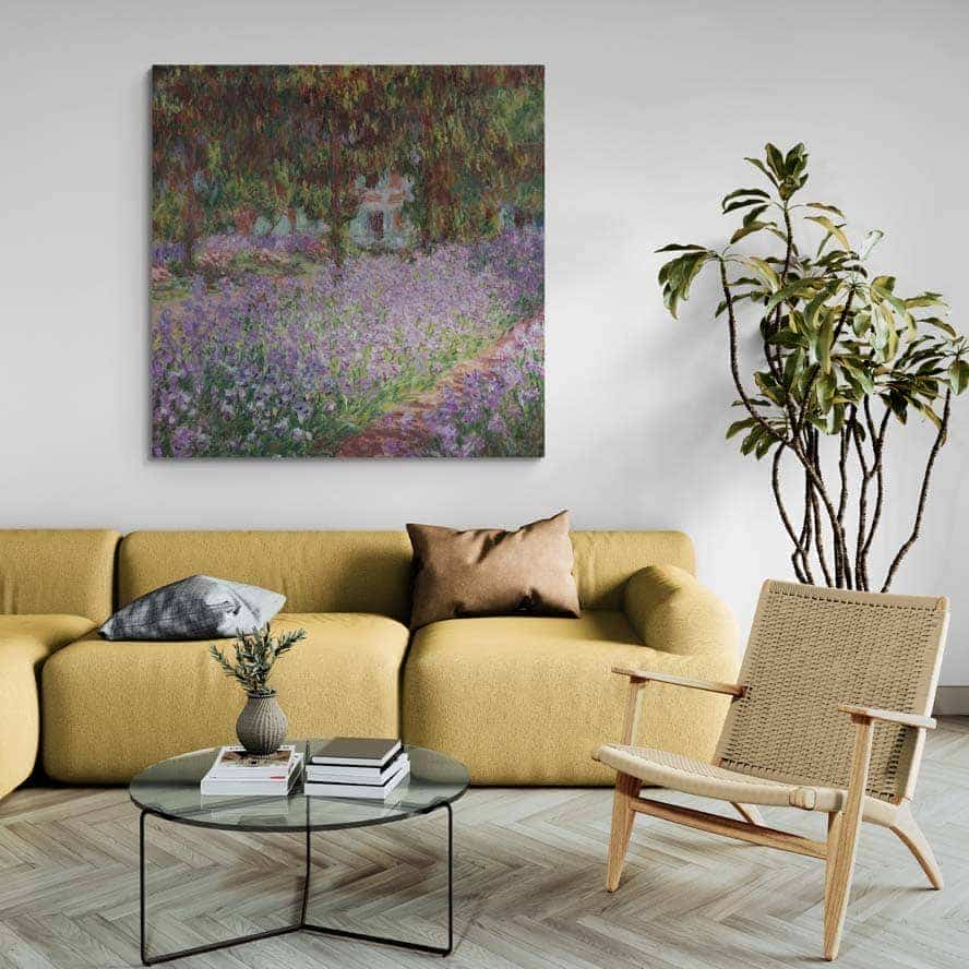 The Artists Garden At Giverny by Claude Monet wall art in a living room