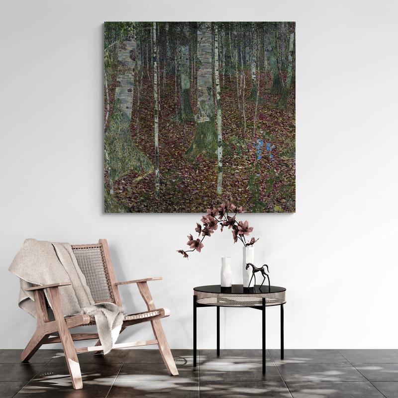 The Birch Wood by Gustav Klimt wall art in a living room