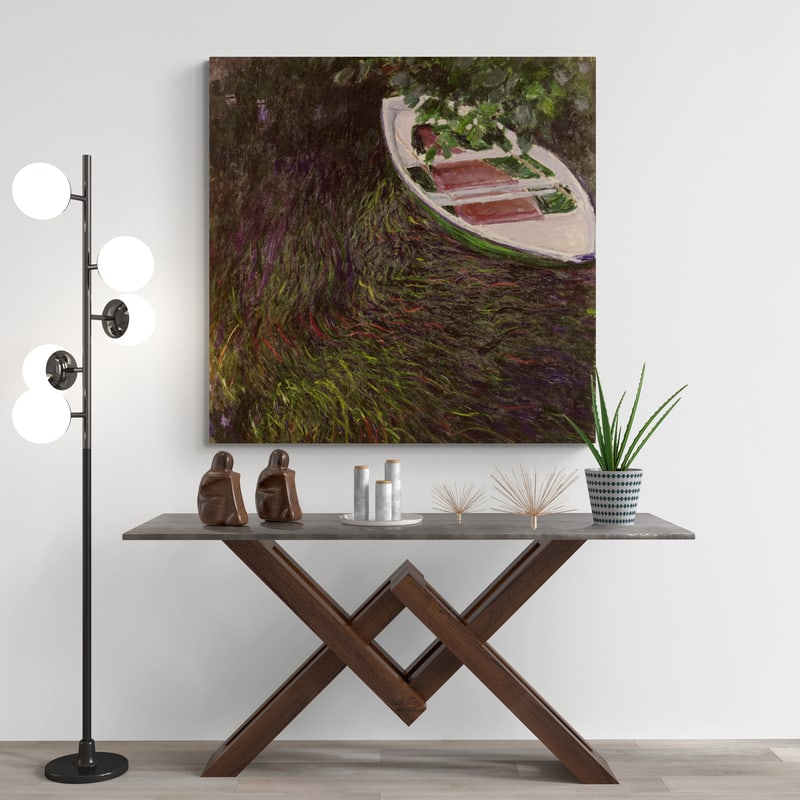 The Blue Row Boat 1887 by Claude Monet wall art in a hallway