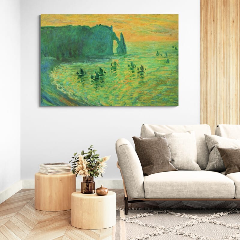 The Cliffs at Etretat 1886 by Claude Monet wall art in a living room
