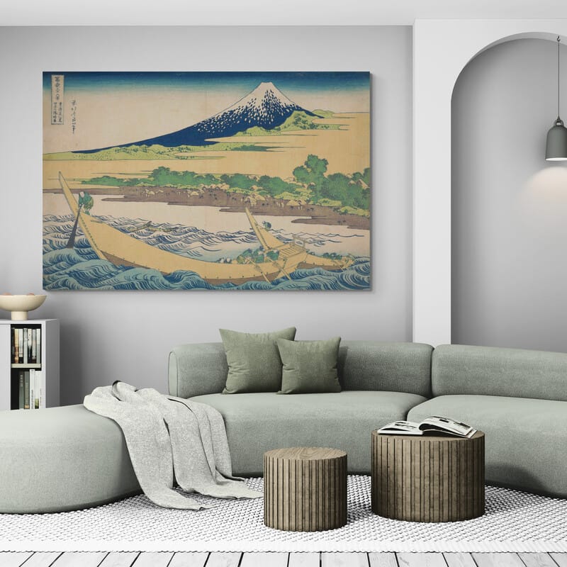 The Coast At Tago Bay by Katsushika Hokusai wall art in a living room