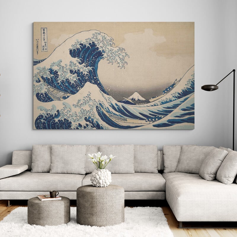 The Great Wave Off Kanagawa by Katsushika Hokusai wall art in a living room