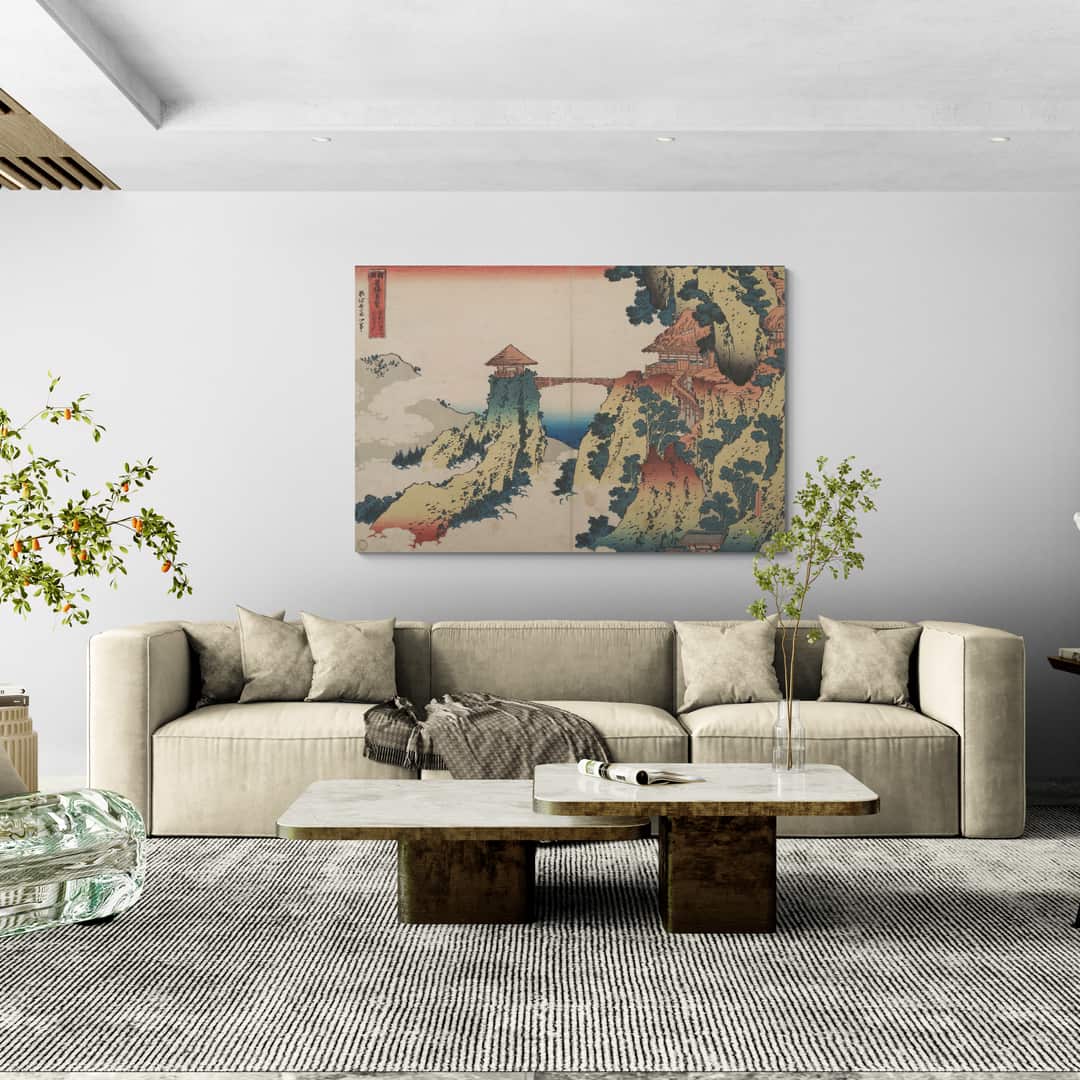 The Hanging Cloud Bridge by Katsushika Hokusai wall art in a living room