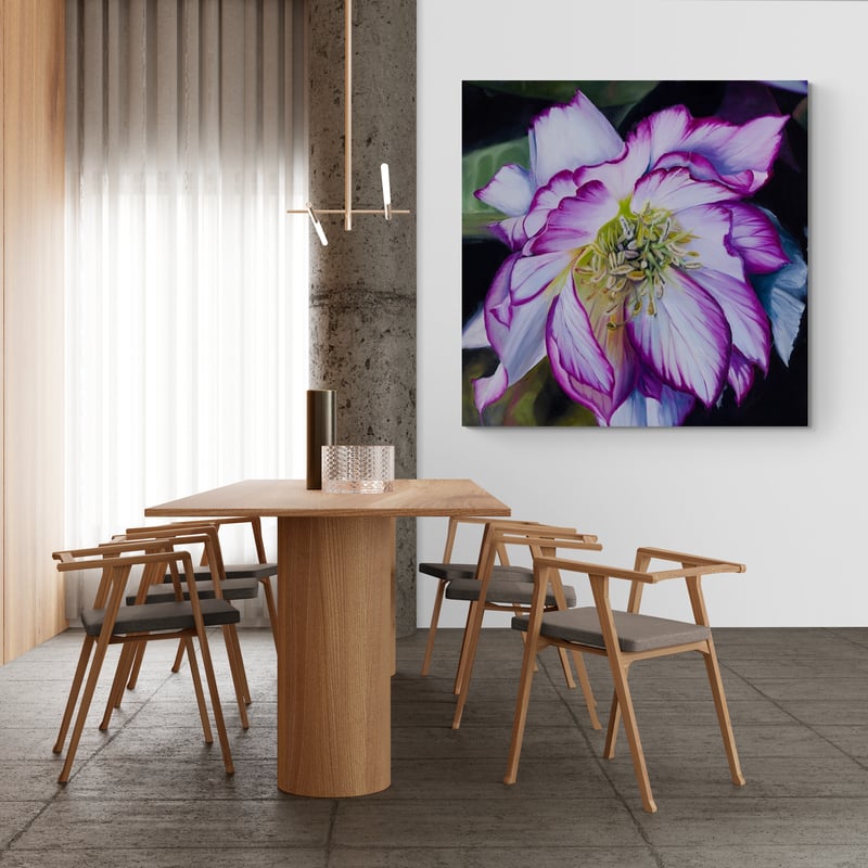 The Hellebore I by Marina Strijakova wall art in a dining room