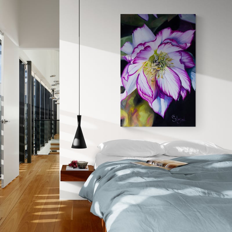 The Hellebore by Marina Strijakova wall art in a bedroom