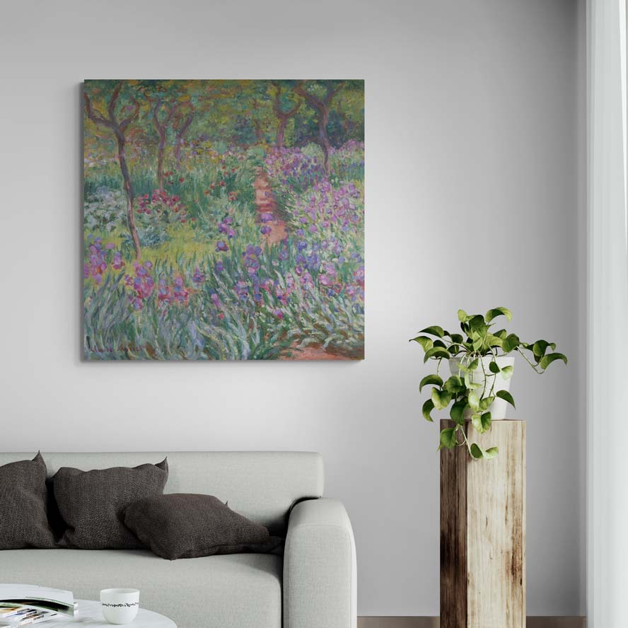 The Iris Garden At Giverny by Claude Monet wall art in a living room