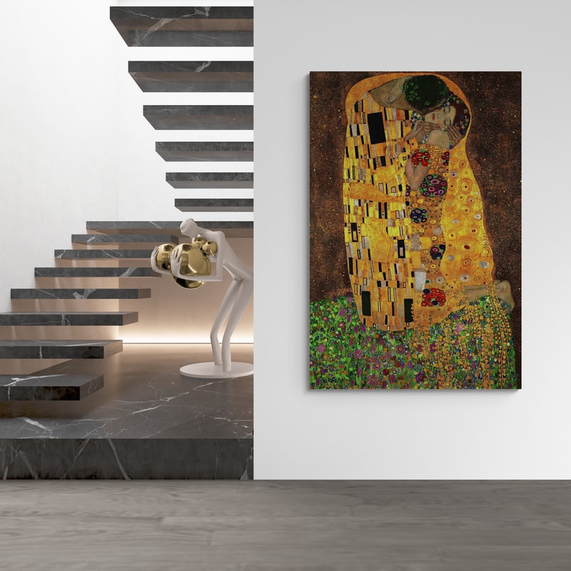 The Kiss II by Gustav Klimt wall art in a hallway