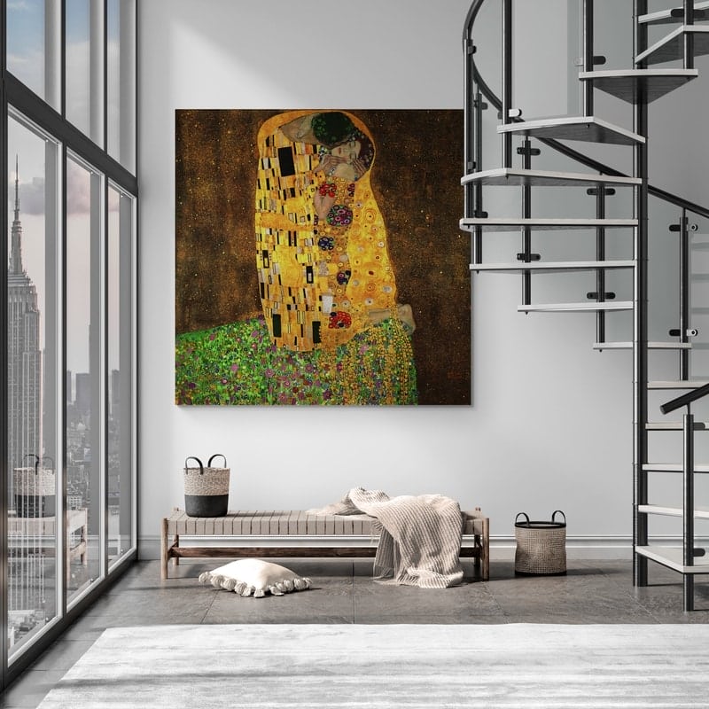 The Kiss by Gustav Klimt wall art in a living room