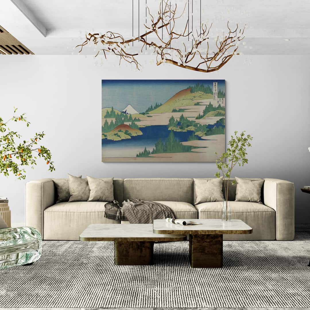The Lake at Hakone in Sagami Province by Katsushika Hokusai wall art in a living room