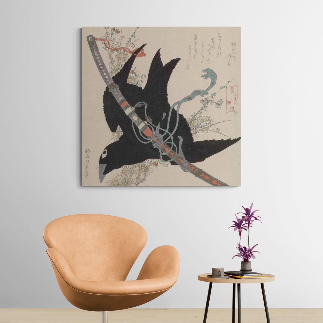 The Little Raven with the Minamoto Clan Sword by Katsushika Hokusai wall art in a living room