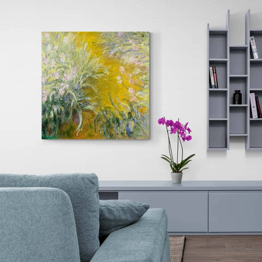 The Path Through The Irises by Claude Monet wall art in a living room