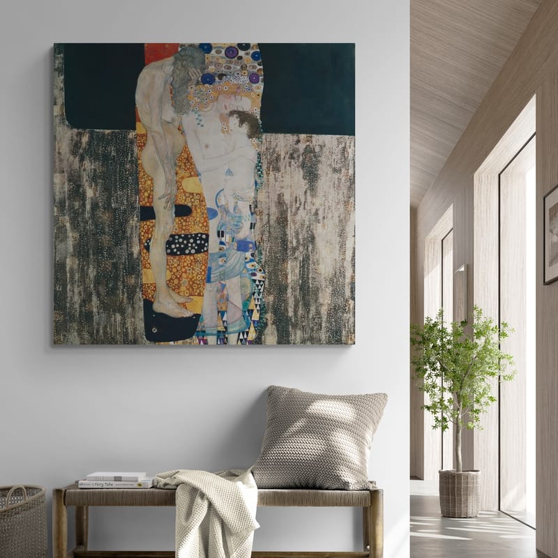 The Three Ages of Woman by Gustav Klimt wall art in a living room