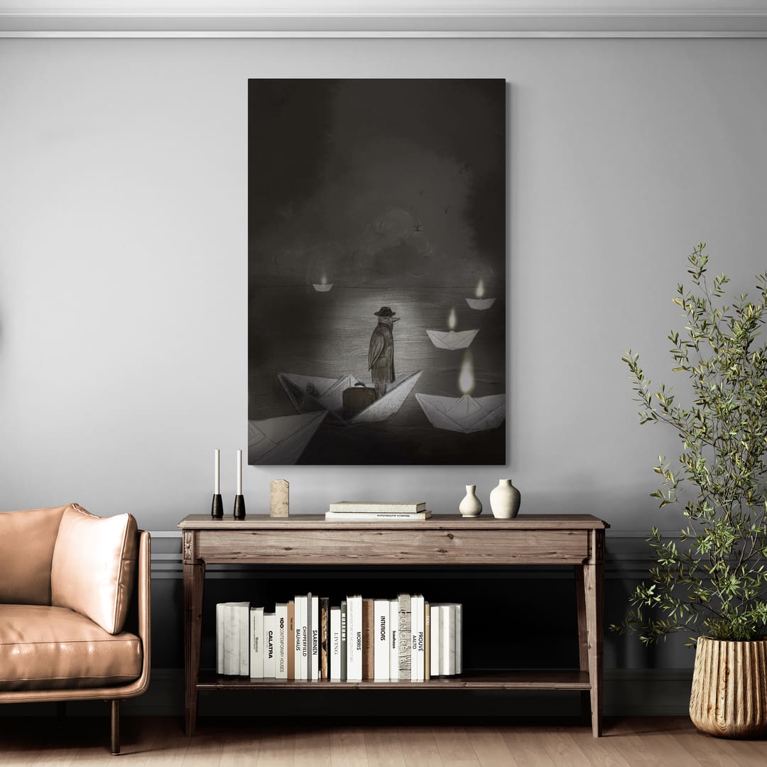 The Traveler - Distant Shores by Lisha Sun wall art in a living room