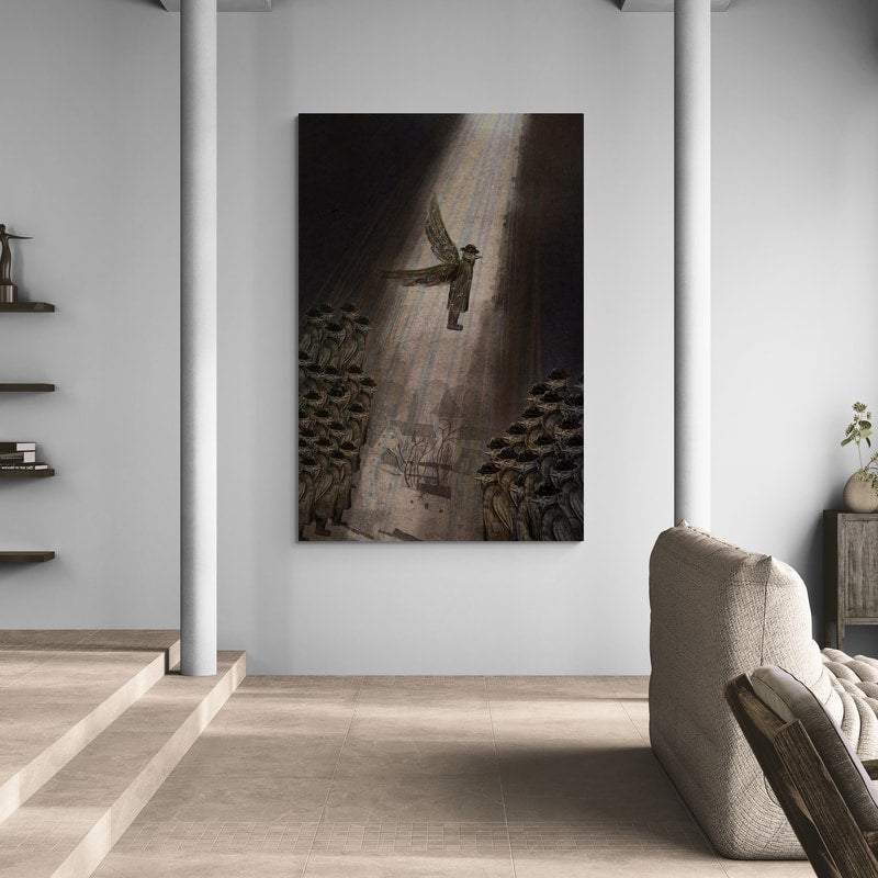 The Traveler - Escape by Lisha Sun wall art in a hallway
