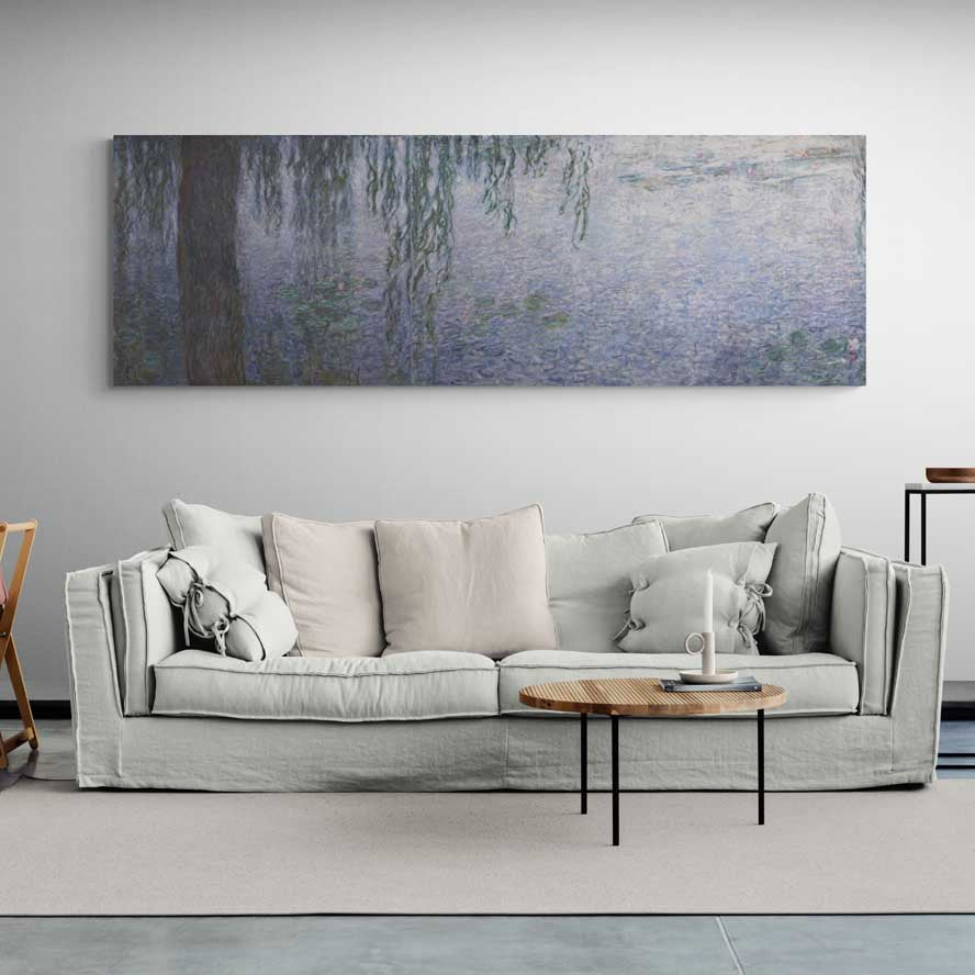 The Water Lilies - Clear Morning with Willows 1914-1926 by Claude Monet wall art in a living room