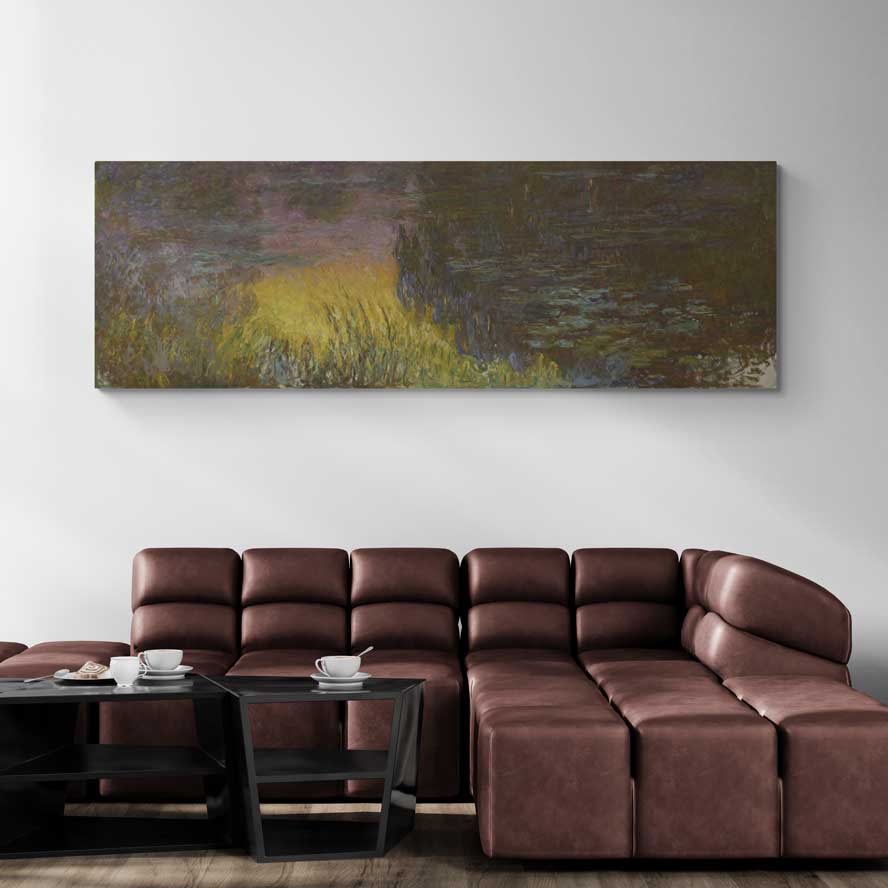 The Water Lilies - Setting Sun 1915-1926 by Claude Monet wall art in a living room