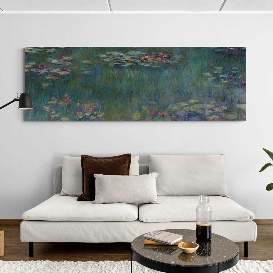 The Water-Lily Pond, Green Reflections 1920-1926 II by Claude Monet wall art in a living room