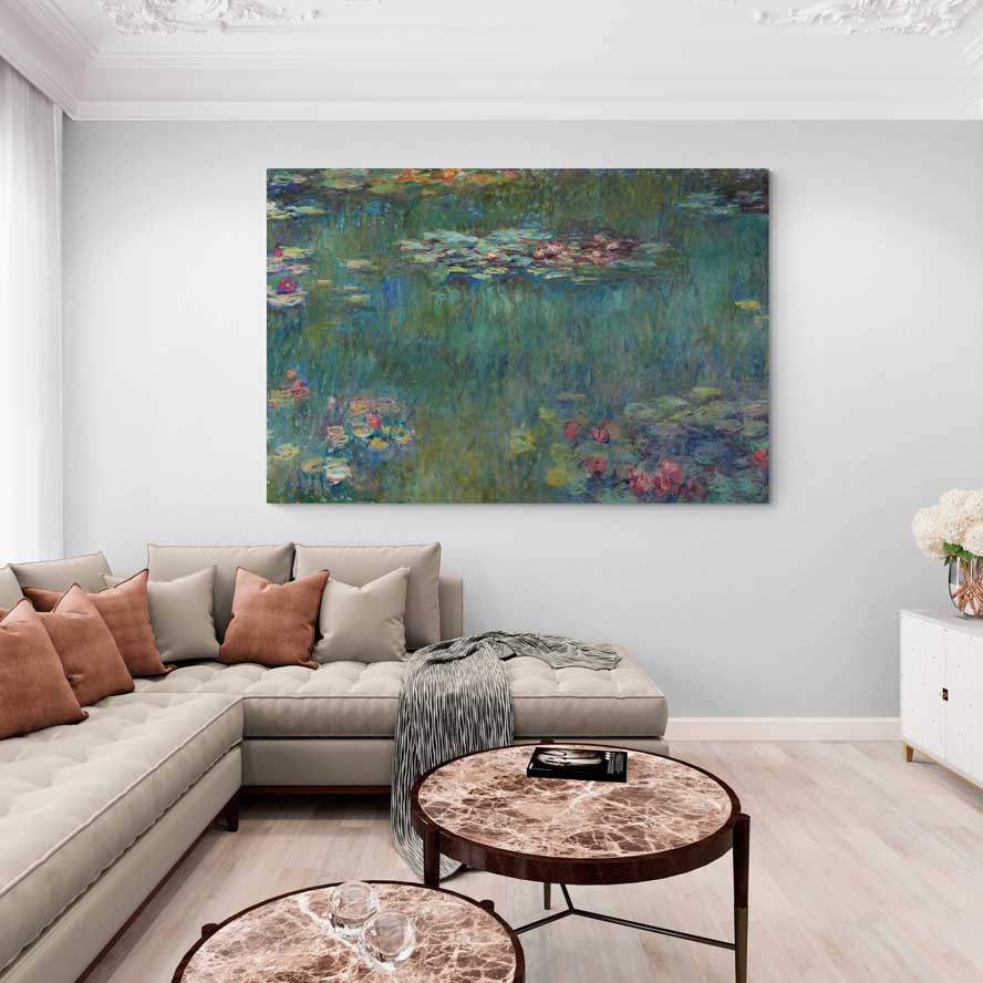 The Water-Lily Pond, Green Reflections 1920-1926 by Claude Monet wall art in a living room