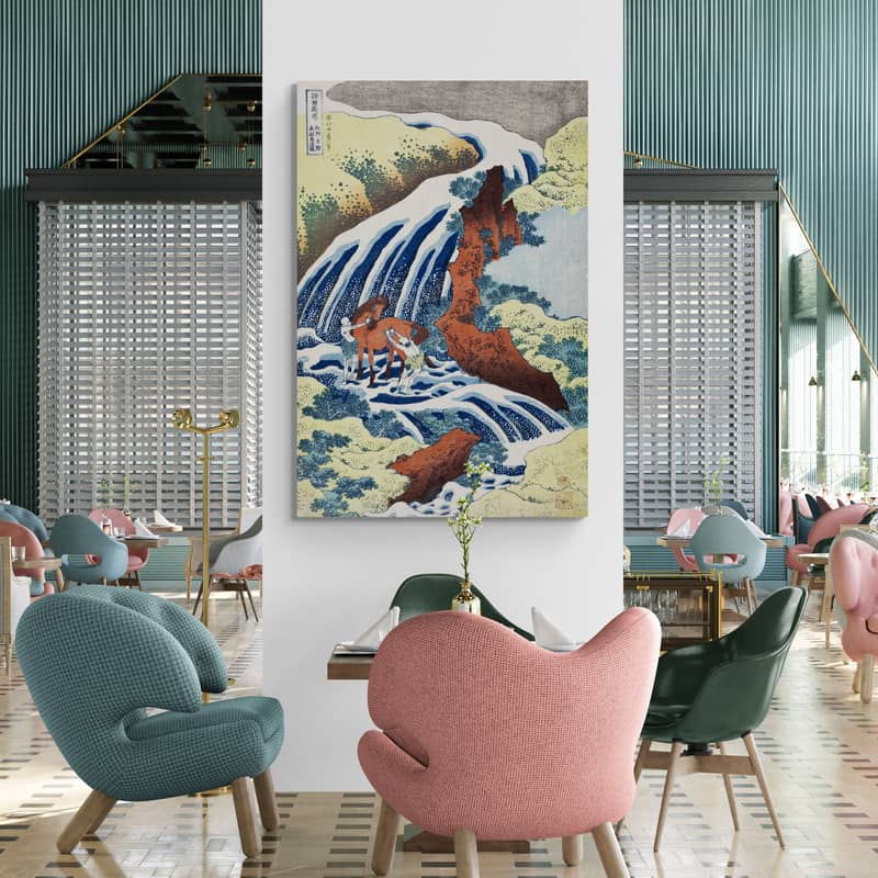 The Waterfall where Yoshitsune Washed his Horse by Katsushika Hokusai wall art from Glam Wall Art