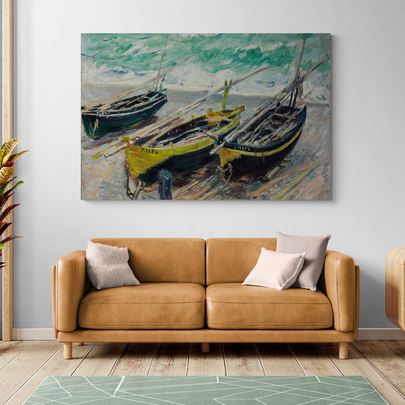 Three Fishing Boats 1886 by Claude Monet wall art in a living room