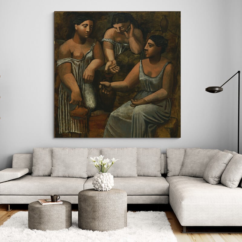 Three Women at the Spring by Pablo Picasso wall art in a living room