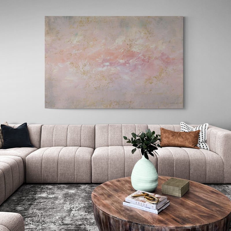 Through Fog Blush And Gold by Danhui Nai wall art in a living room