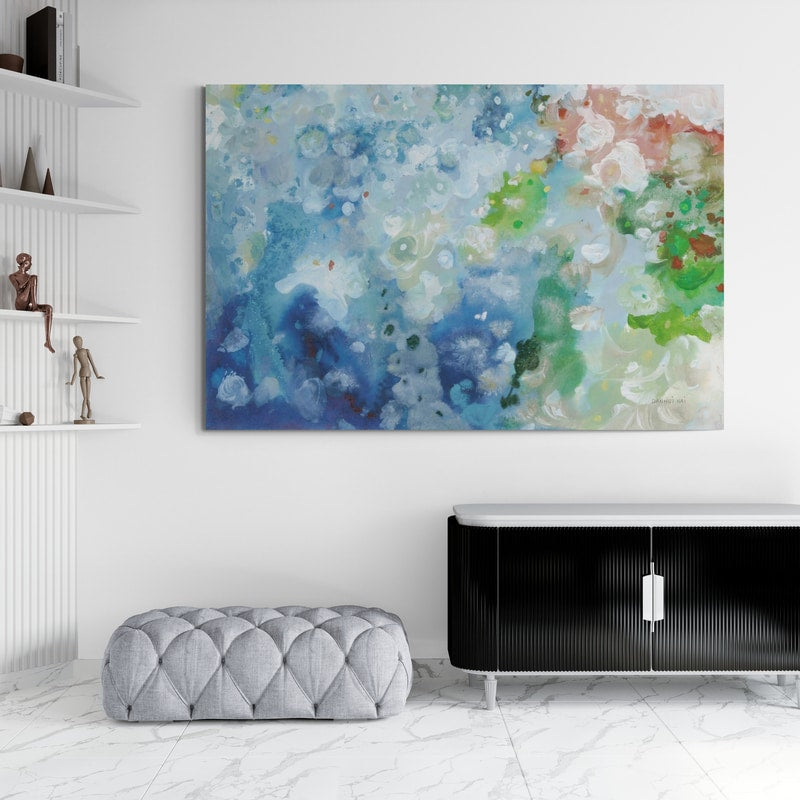 Tidepool Sparkle Pink Blue by Danhui Nai wall art in a living room