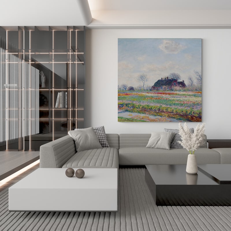 Tulip Fields at Sassenheim 1886 II by Claude Monet wall art in a living room