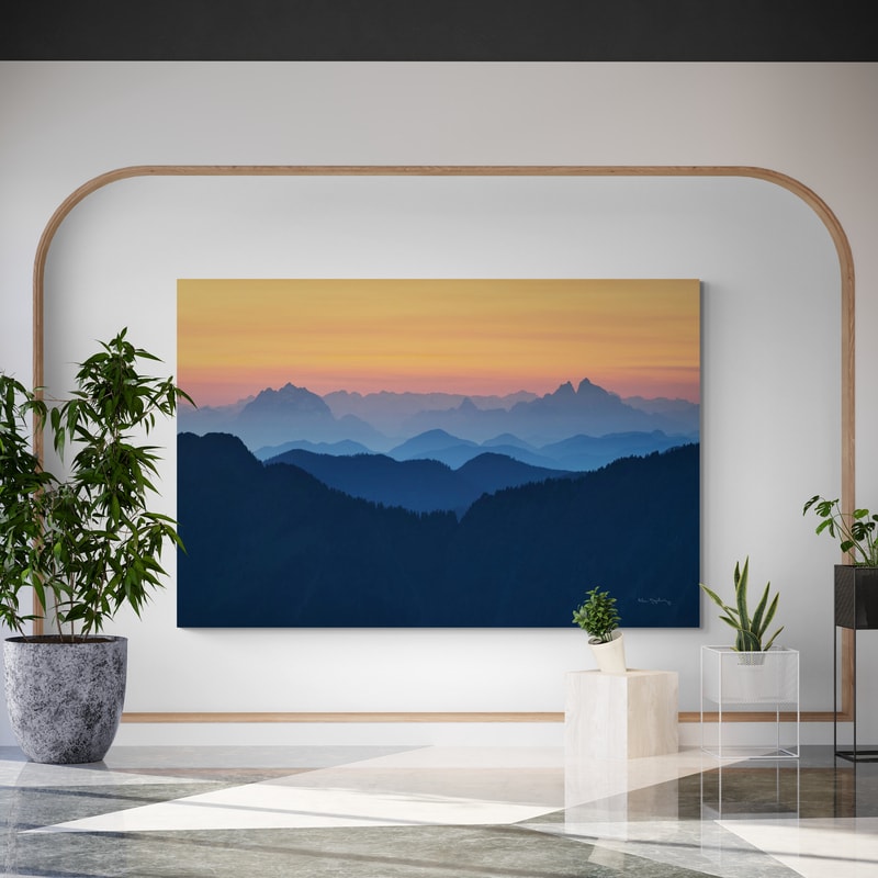 Twilight Over North Cascades by Alan Majchrowicz wall art in a hallway