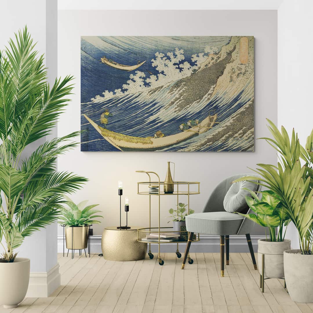 Two Small Fishing Boats on the Sea by Katsushika Hokusai wall art in a living room