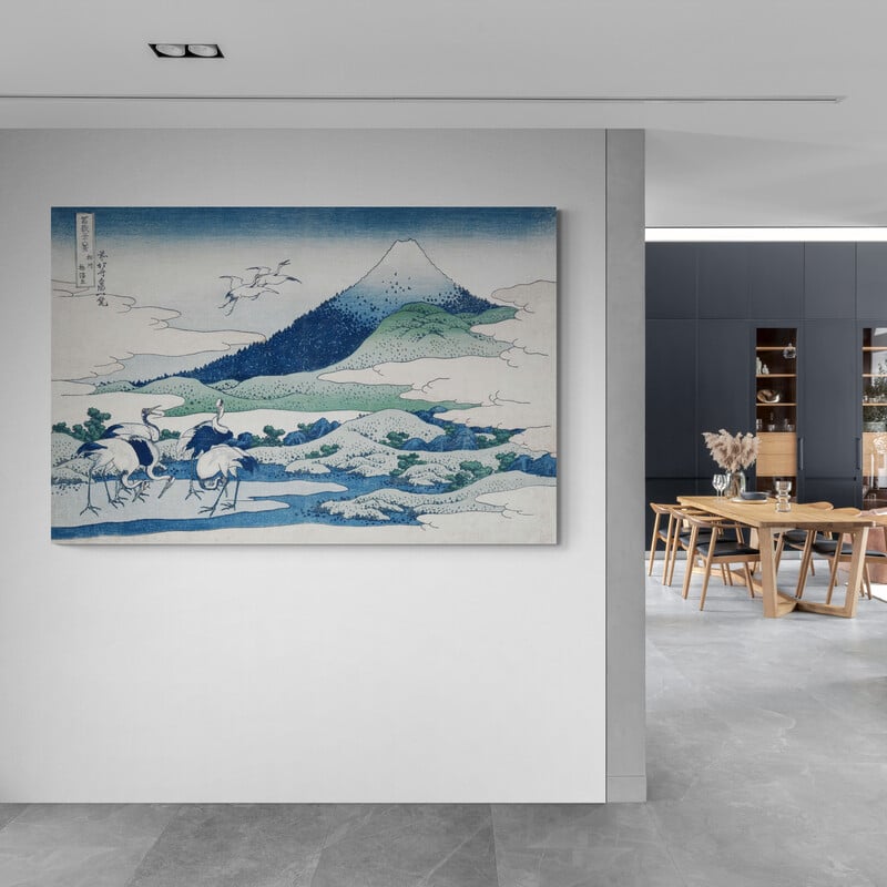 Umezawa Manor in Sagami Province by Katsushika Hokusai wall art in a hallway
