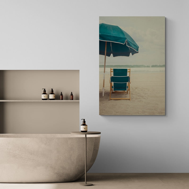 Under the Umbrella II by Elizabeth Urquhart wall art in a bathroom