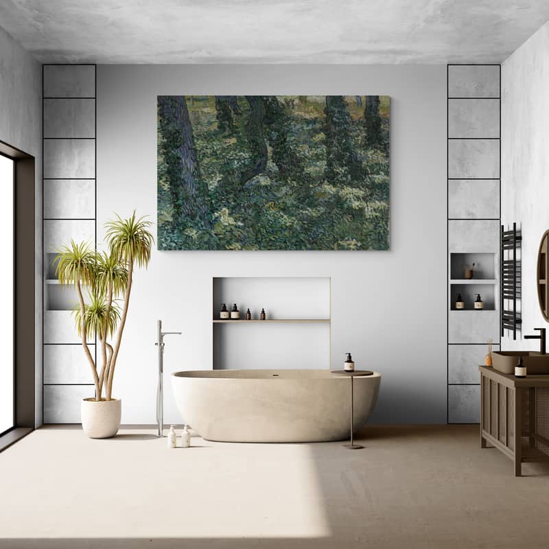 Undergrowth with Ivy 1889 by Vincent Van Gogh wall art in a bathroom