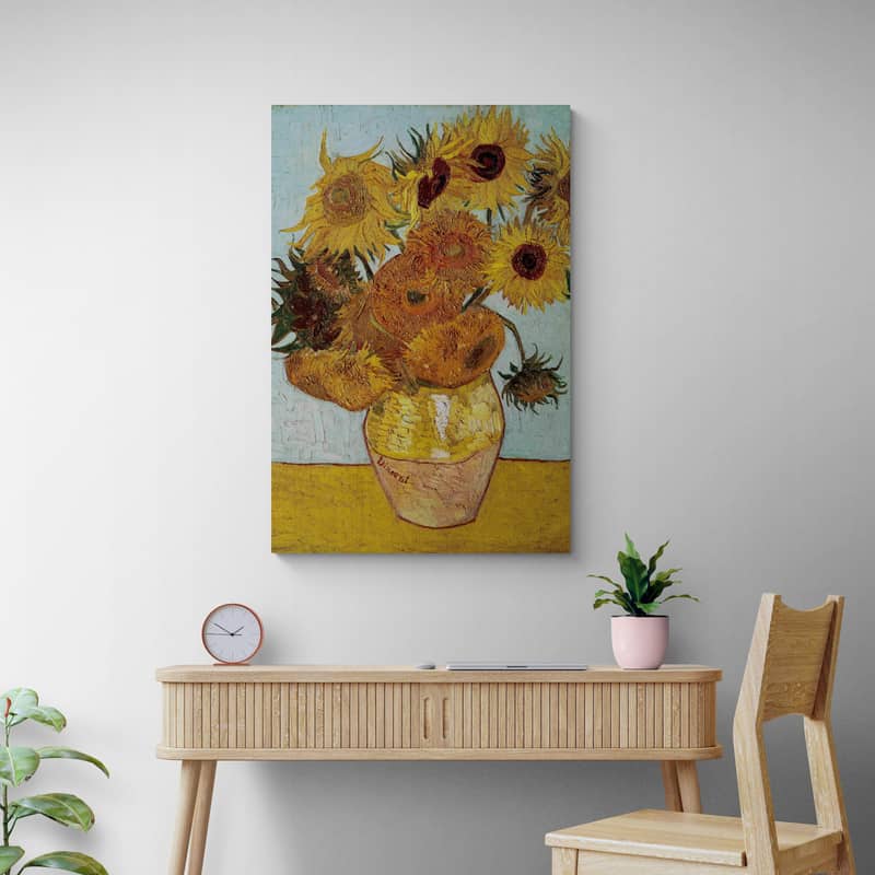 Vase with Twelve Sunflowers 1888 by Vincent Van Gogh wall art in a living room
