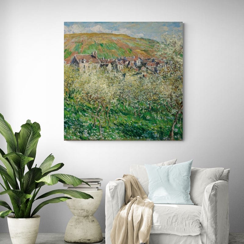 Vetheuil, Flowering Plum Trees 1879 by Claude Monet wall art in a living room