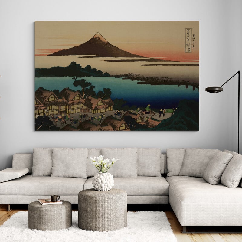 View of a Village Near Mount Fuji in Japan by Katsushika Hokusai wall art in a living room