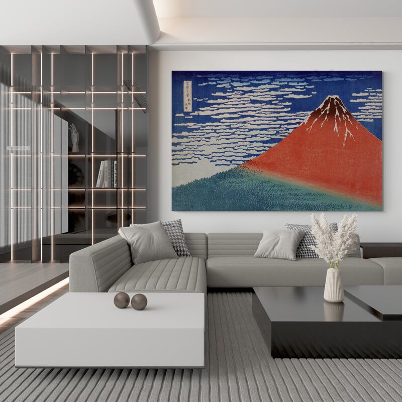 View of Mount Fuji in Japan by Katsushika Hokusai wall art in a living room