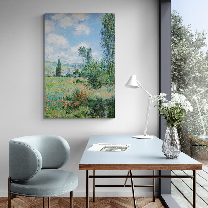 View of Vetheuil 1880 by Claude Monet wall art in a living room