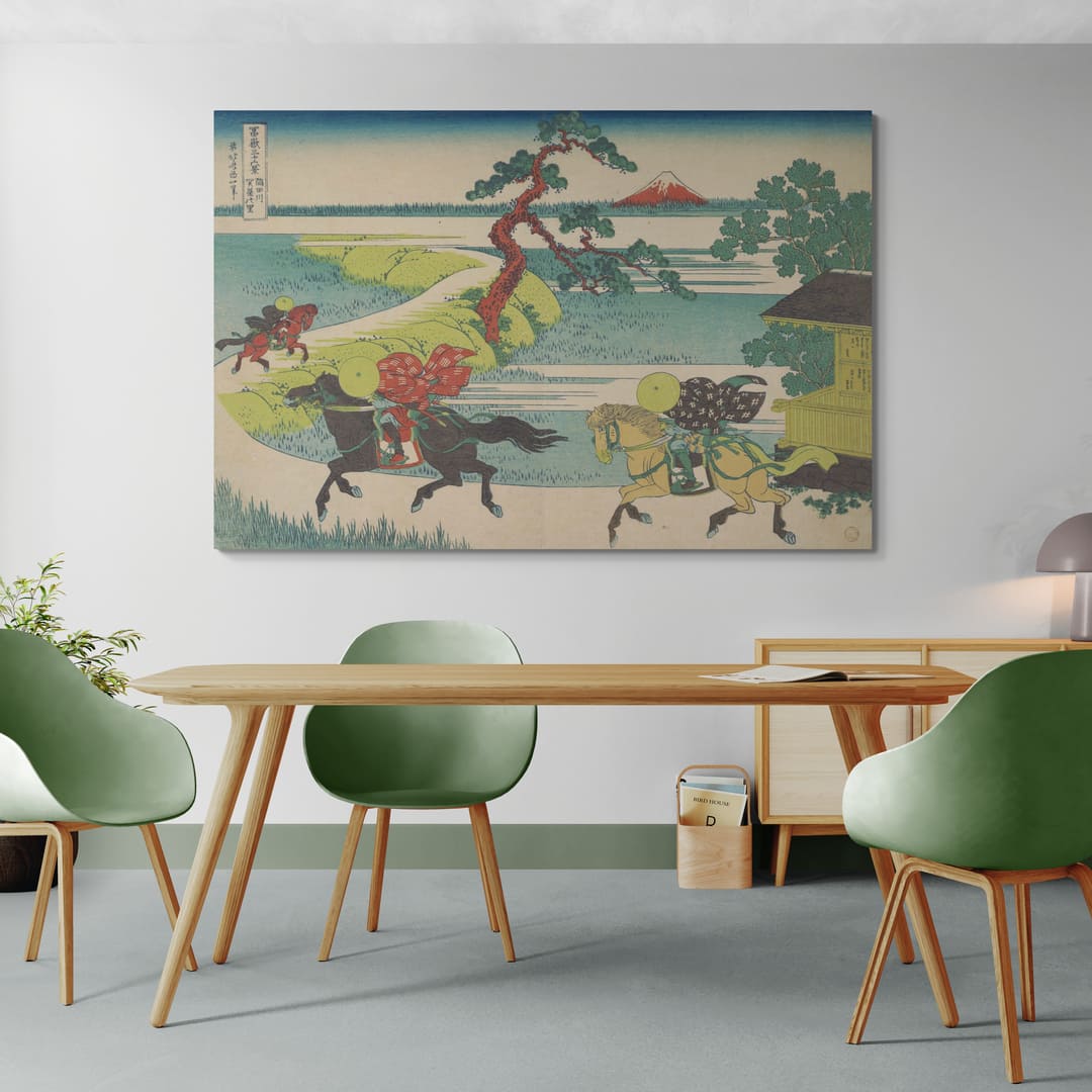 Village of Sekiya on Sumida River by Katsushika Hokusai wall art in a dining room