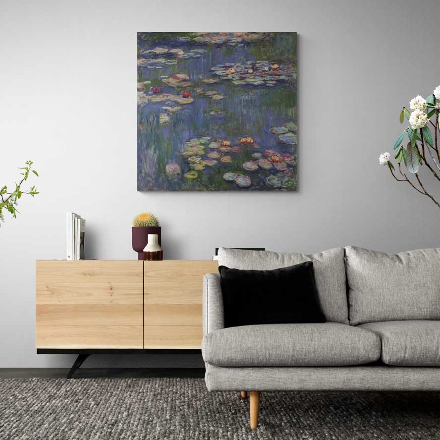 Water Lilies 1916 by Claude Monet wall art in a living room