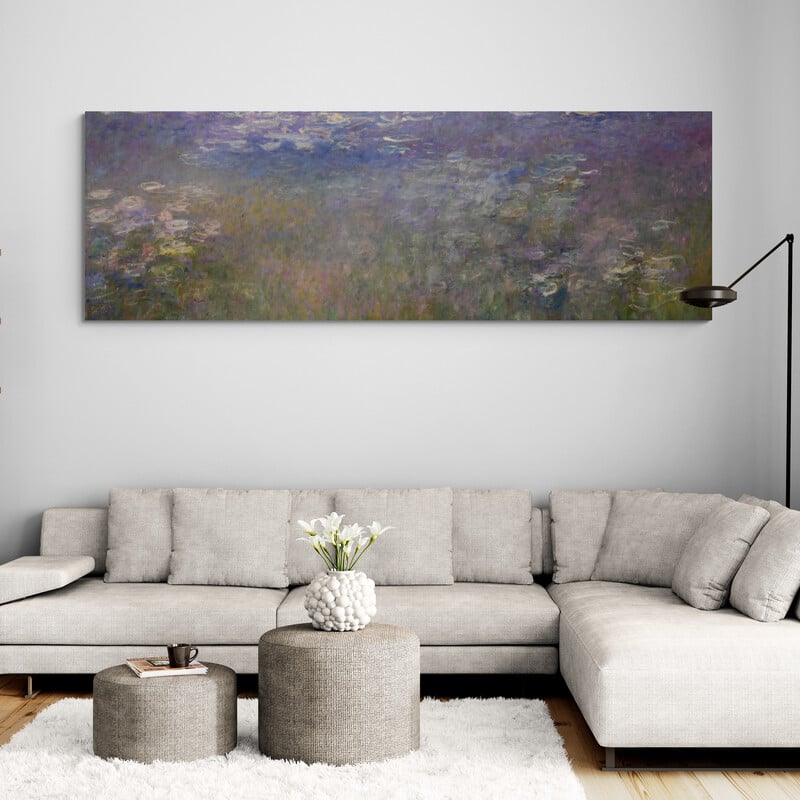 Water Lilies, Agapanthus, Center Panel 1920-1926 by Claude Monet wall art in a living room