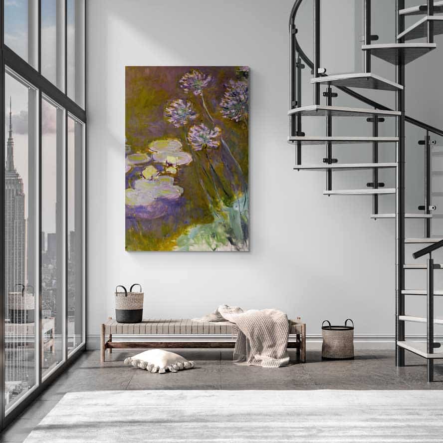 Water Lilies and Agapanthus 1923 II by Claude Monet wall art in a living room