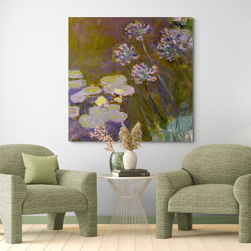 Water Lilies and Agapanthus 1923 by Claude Monet wall art in a living room